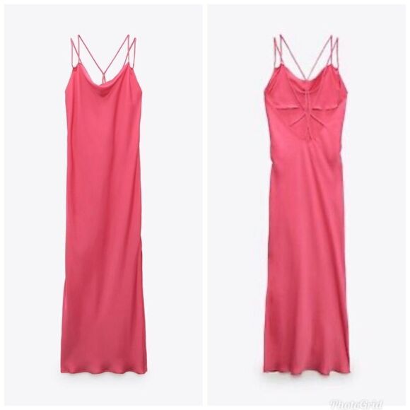 ZARA SATIN CAMISOLE MAXI SLIP DRESS NEON FUCHSIA PINK CRISSCROSS STRAPS - Picture 2 of 9